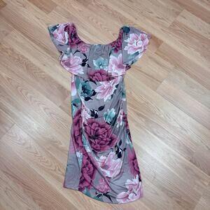 Women's Size Small Maternity Dress Gray Pink Floral Bodycon Ruffled Baby Shower